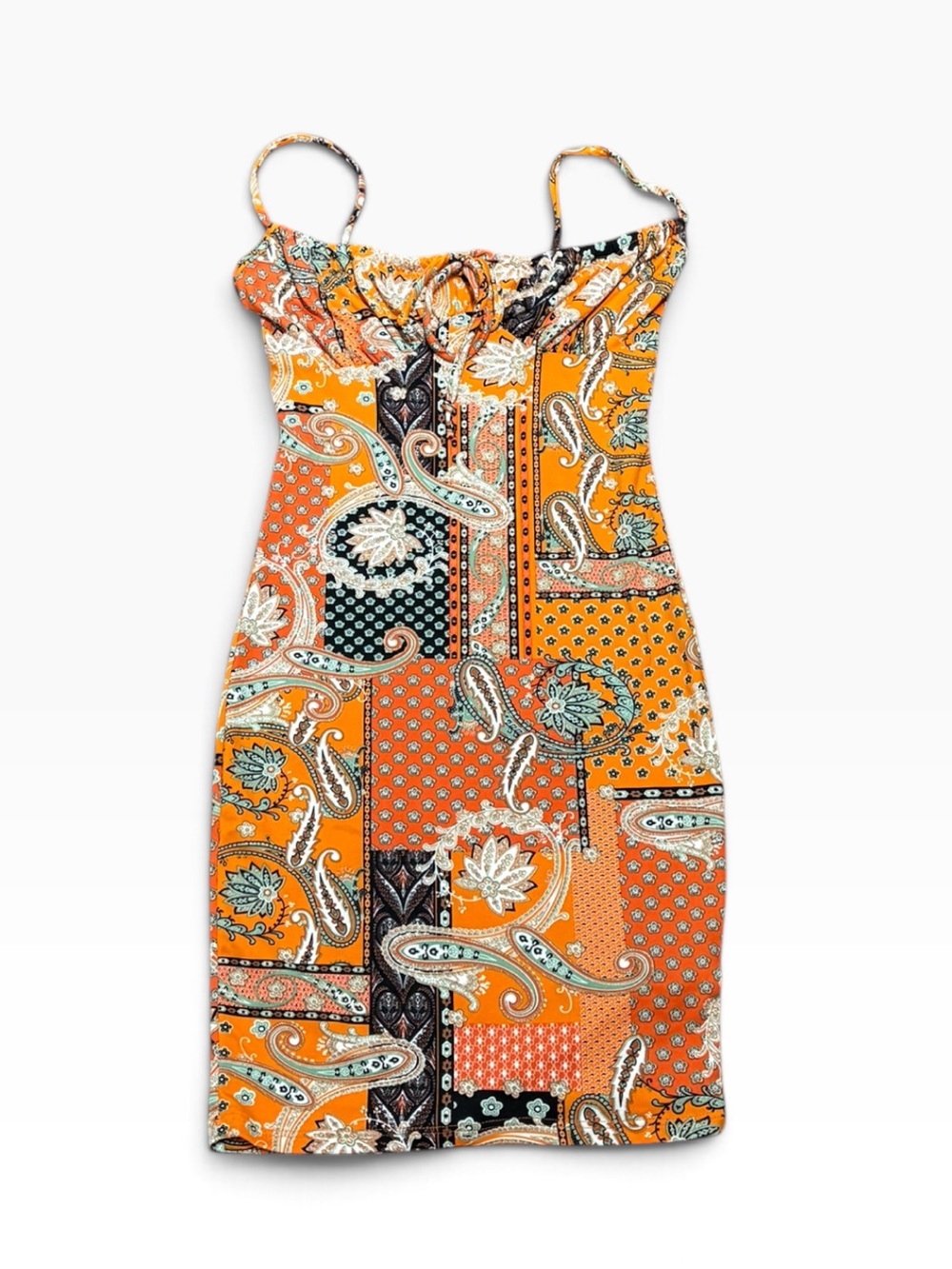 Papaya Orange Paisley Patchwork Bodycon Mini Dress, Size S